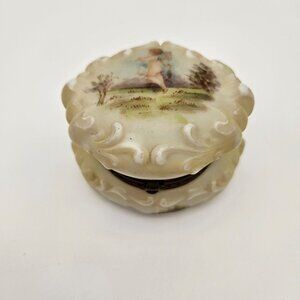 Antique Wave Crest Vanity Trinket Box Painted Cherub Carrying Fish Net Scene